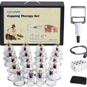Lucuppa Cups for Use in Cupping Therapy, 24 Pcs Vacuum Air Suction Cups with Pumping Handle, Portable Professional Acupoint Chinese Cupping Set for Back/Shoulder Pain Muscle Relief