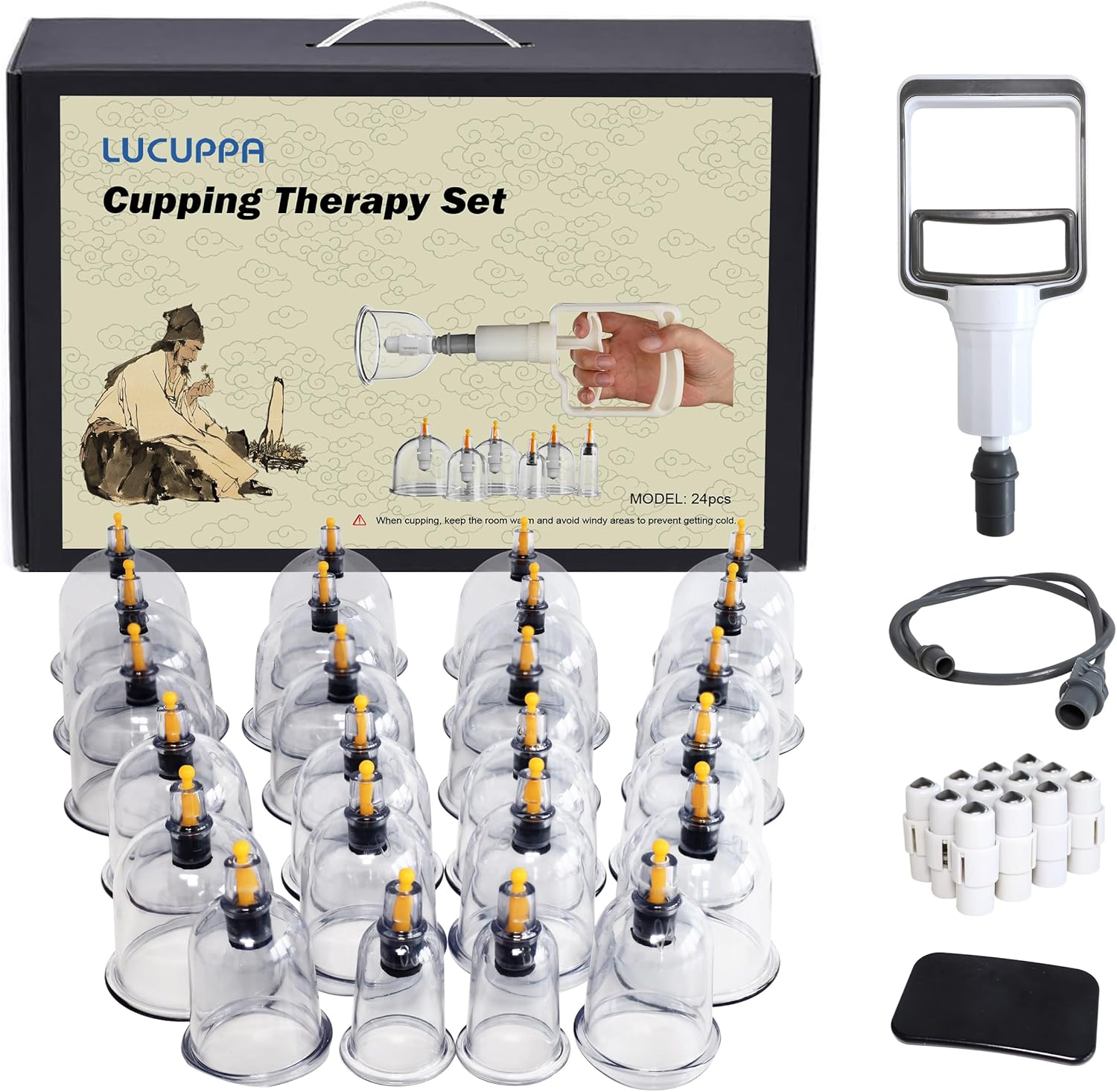 Lucuppa Cups for Use in Cupping Therapy, 24 Pcs Vacuum Air Suction Cups with Pumping Handle, Portable Professional Acupoint Chinese Cupping Set for Back/Shoulder Pain Muscle Relief